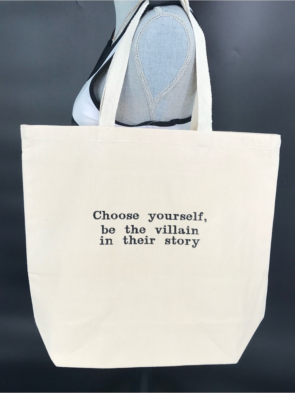 Natural Large Cotton Canvas Tote Bag with Embroidered Quote Design & Pockets